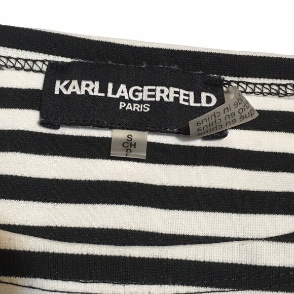 Karl Lagerfeld Shirt Women Small Nautical Buttons Black White Striped Lace Trim - Picture 7 of 14